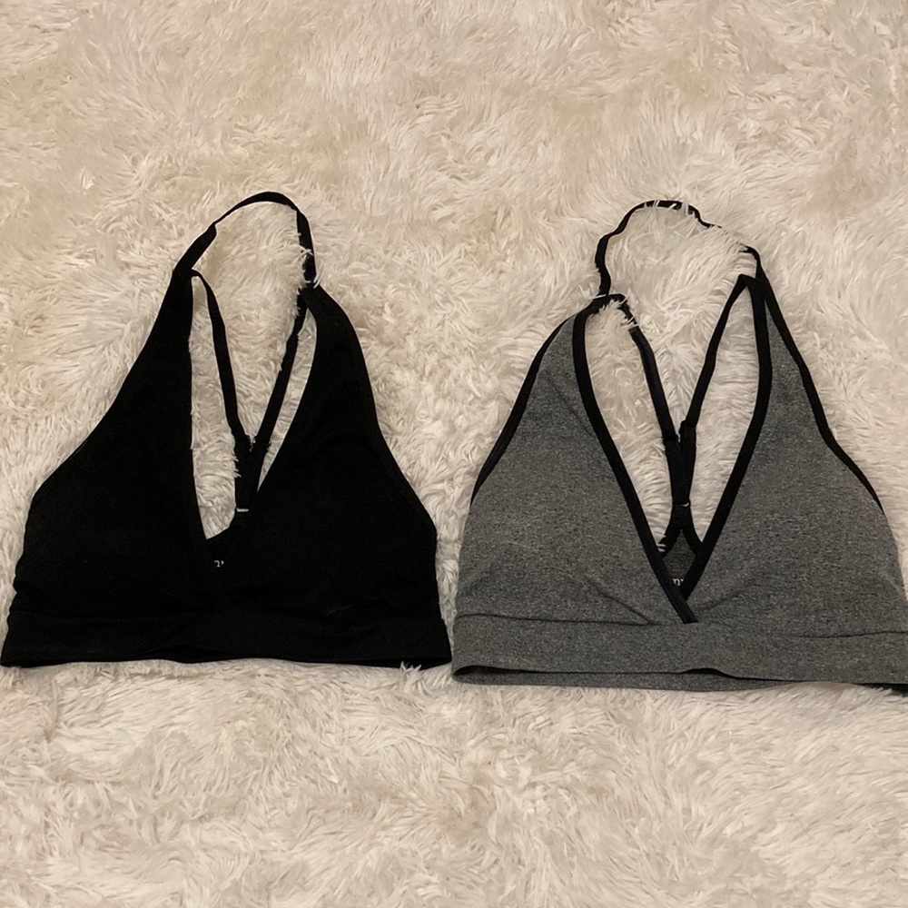 v cut black and grey sports bras
